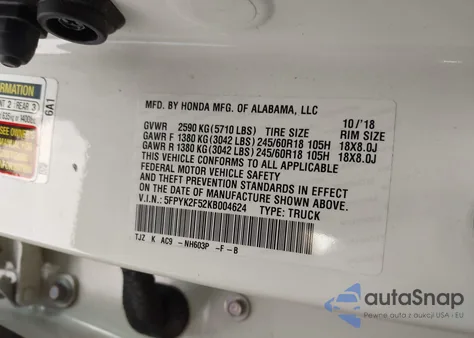 2019 Honda Ridgeline Rtl from USA, damaged, VIN 5FPYK2F52KB004624